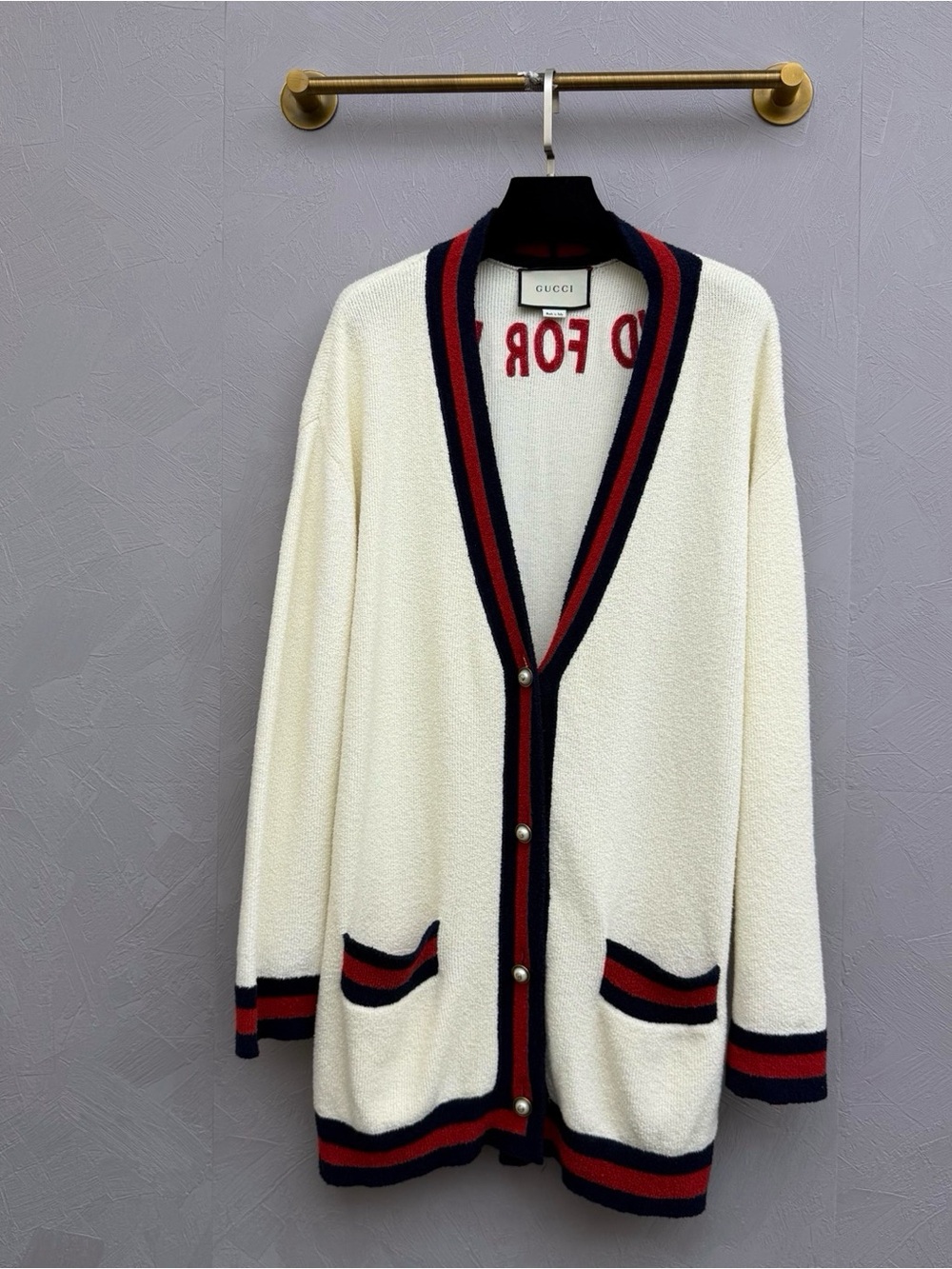 🚩steal GUCCI Cream Cardigan with Navy & Red Trim